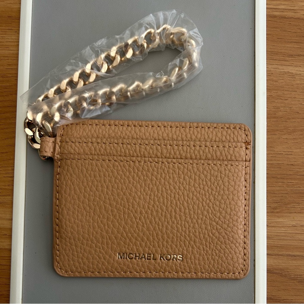 Michael Kors Tan Card Holder with Gold Chain